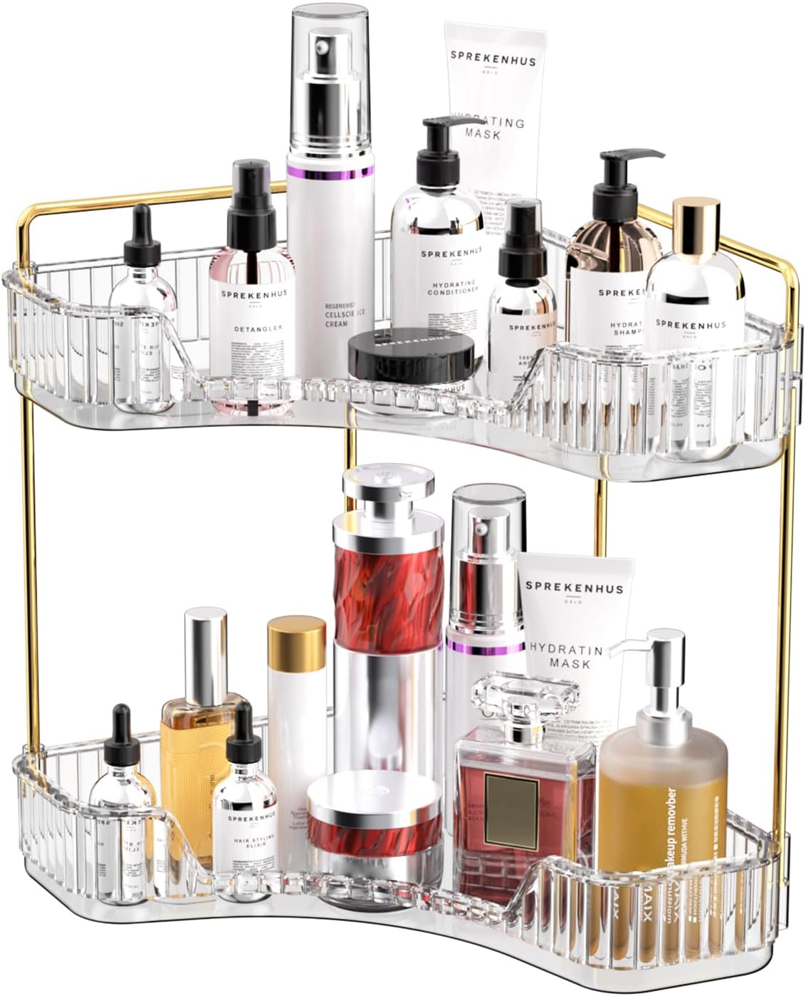 Luxury Gold Skincare - ชั้นวางของในห้องน้ำแบบ 2 ชั้น โปร่งใส สำหรับวางบนเคาน์เตอร์ ชั้นวางของหรูหราสีทองสำหรับจัดเก็บเครื่องสำอาง